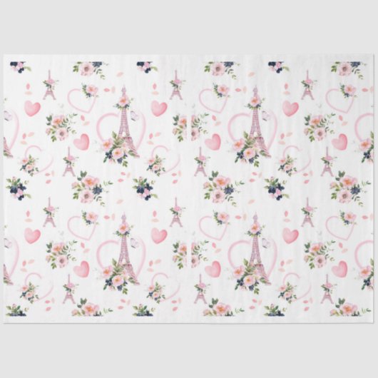 Papier Mousseline Aquarelle Blush Floral Tour Eiffel Motif (Recto)