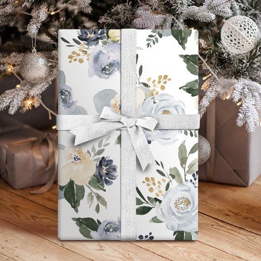 Papier Mousseline Aquarelle botanique bleu poussiéreux fleurie