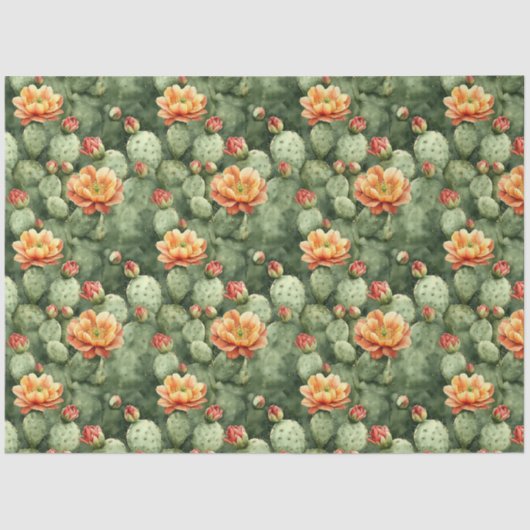 Papier Mousseline Aquarelle Cactus Orange Fleurs Motif Découpage (Recto)