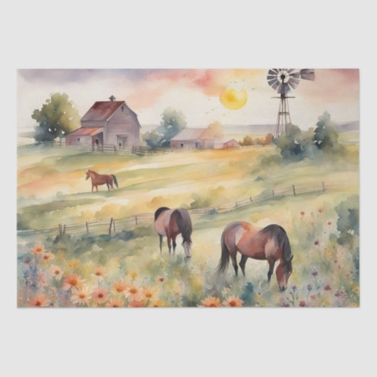 Papier Mousseline Aquarelle Chevaux dans le champ de tournesols (Recto)