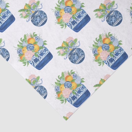 Papier Mousseline Aquarelle Chinoiserie Mandarins & Hydrangeas (Détail)