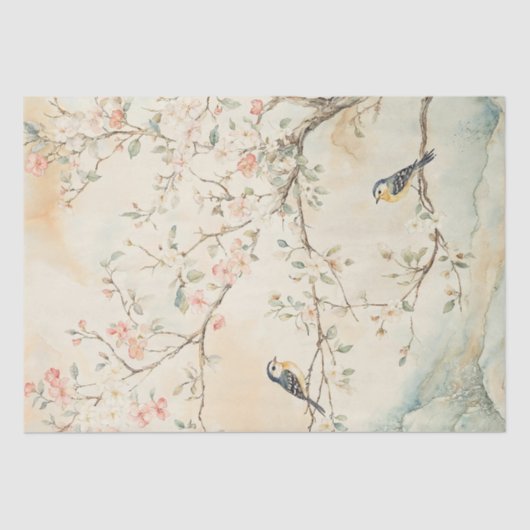 Papier Mousseline Aquarelle Chinoiserie Oiseaux et fleurs (Recto)