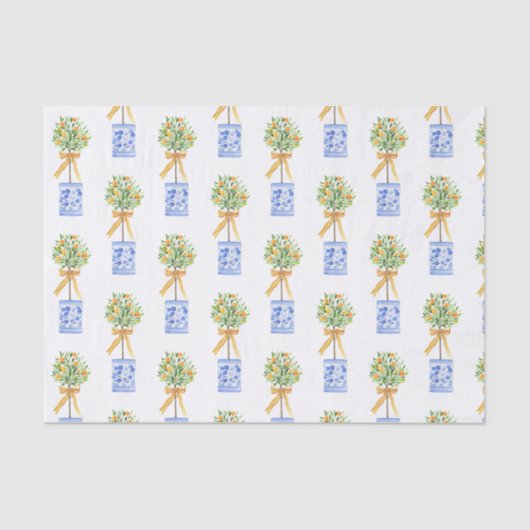 Papier Mousseline Aquarelle Chinoiserie Orange Tree Topiary (Recto)