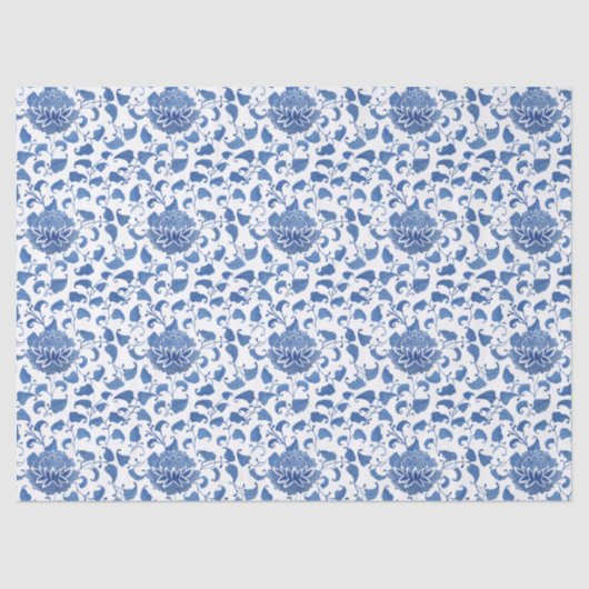 Papier Mousseline Aquarelle Chinoiserie Vintage Bleu Et Blanc (Recto)