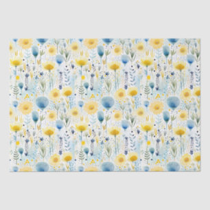 Papier Mousseline Aquarelle claire Floral Jaune et Bleu Botanique