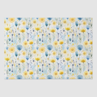 Papier Mousseline Aquarelle claire Floral Jaune et Bleu Botanique