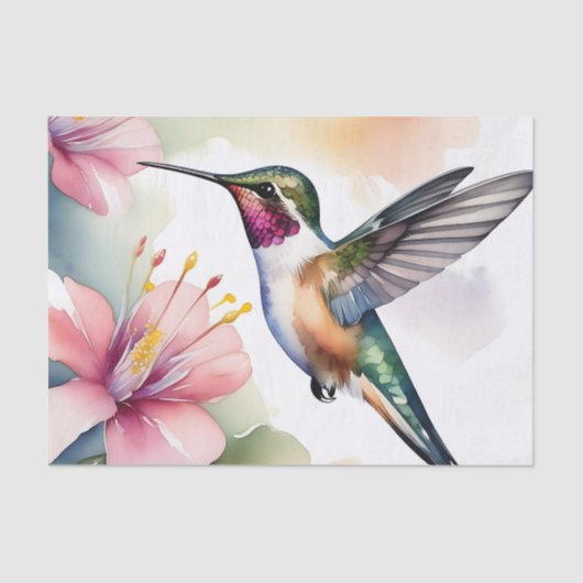 Papier Mousseline Aquarelle Colibri Aux Fleurs Roses (Recto)