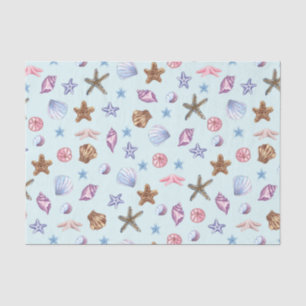 Papier Mousseline Aquarelle Coquillages Marine Vie Bleu clair