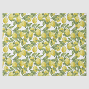 Papier Mousseline Aquarelle d'agrumes jaune citrons aux feuilles ver