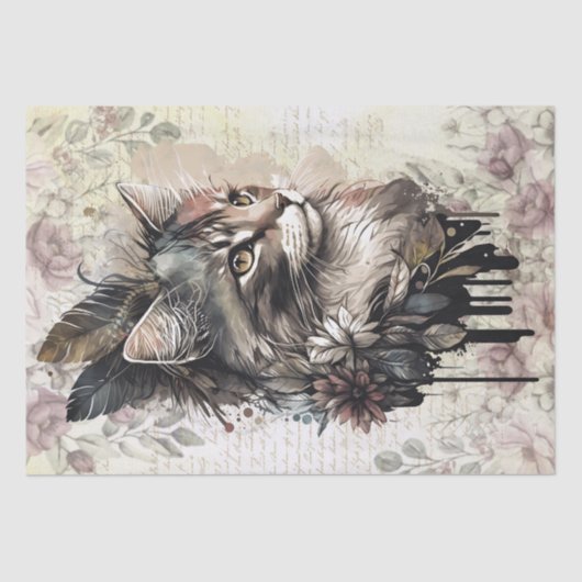 Papier Mousseline Aquarelle de chats floraux Boho (Recto)