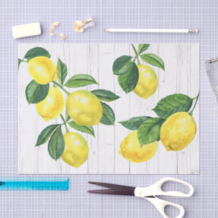 Papier Mousseline Aquarelle de citrons frais, bois blanc rustique