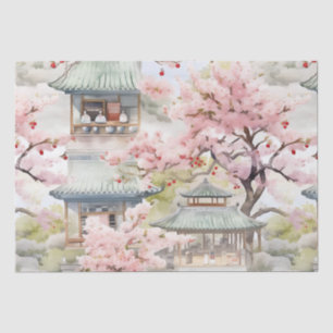 Papier Mousseline Aquarelle de la pagode asiatique au milieu des fle