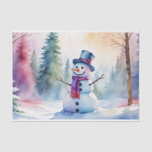 Papier Mousseline Aquarelle de Noël Snowman et forêt d'hiver (Recto)