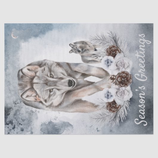 Papier Mousseline Aquarelle des loups Noël d'hiver (Recto)