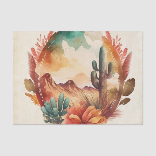 Papier Mousseline Aquarelle Désert Cactus et Montagnes (Recto)