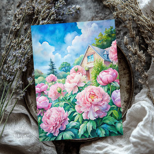 Papier Mousseline Aquarelle douillette maison blanche pivoines roses