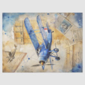 Papier Mousseline Aquarelle été voyage bleu rétro avion (Recto)