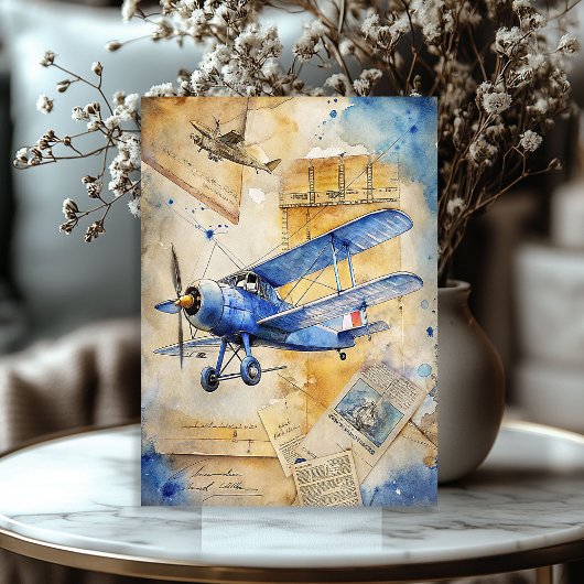 Papier Mousseline Aquarelle été voyage bleu rétro avion