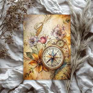 Papier Mousseline Aquarelle été voyage boussole fleurie rétro
