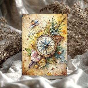 Papier Mousseline Aquarelle été voyage boussole fleurie rétro