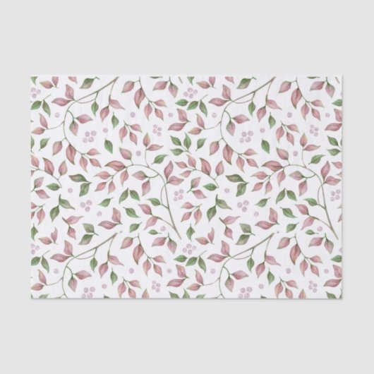 Papier Mousseline Aquarelle Feuilles roses et verts Baies roses | (Recto)