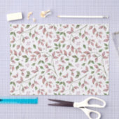 Papier Mousseline Aquarelle Feuilles roses et verts Baies roses | (Artisanat)