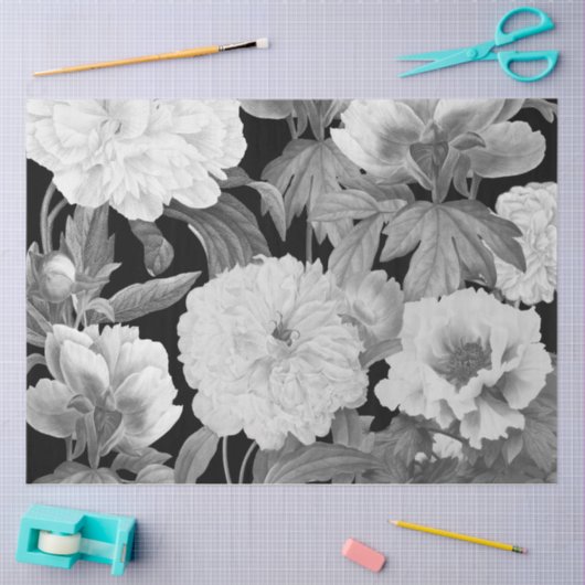 Papier Mousseline Aquarelle florale Black & White Peonies (Artisanat)