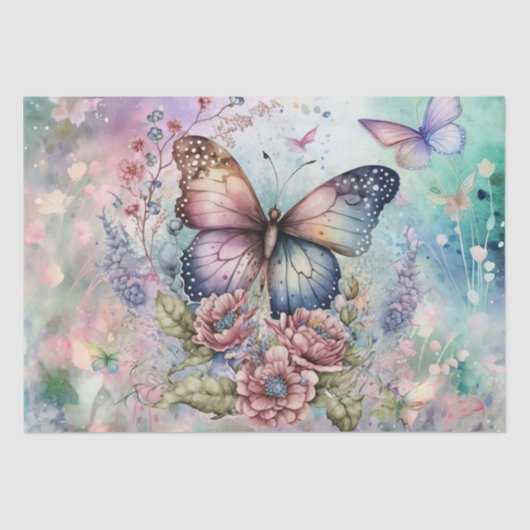 Papier Mousseline Aquarelle florale de papillon rétro (Recto)