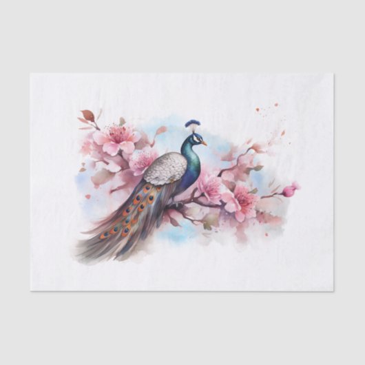 Papier Mousseline Aquarelle florale Oiseau de paon (Recto)