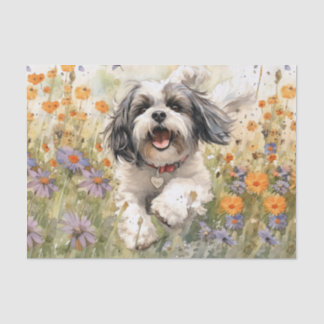 Papier Mousseline Aquarelle florale Shih Tzu courant à travers la fl