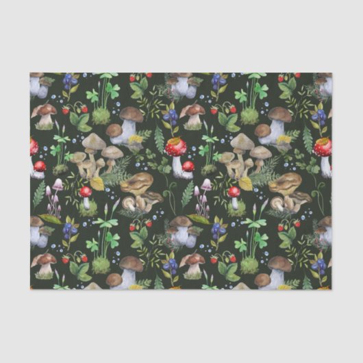 Papier Mousseline Aquarelle Forêt Verdure Champignons Berries Vert (Recto)