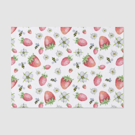 Papier Mousseline Aquarelle Fruit fraise, abeilles et fleurs (Recto)