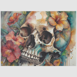 Papier Mousseline Aquarelle Hibiscus Tropical Goth Skull Decoupage