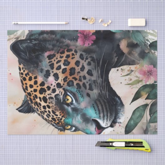 Papier Mousseline Aquarelle Jaguar Art Floral (Artisanat)