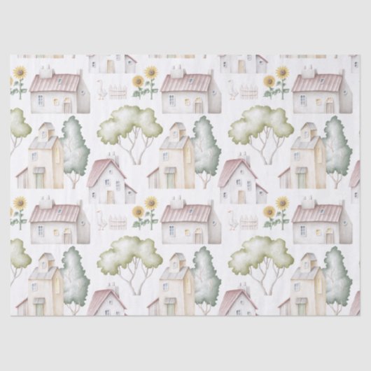 Papier Mousseline Aquarelle Maisons, Arbres et Découpage Fleurs de s (Recto)