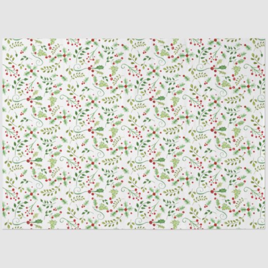 Papier Mousseline Aquarelle Noël Holly Berry Feuilles Rouge Vert (Recto)