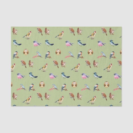 Papier Mousseline Aquarelle Oiseaux forestiers sauvages Vert (Recto)