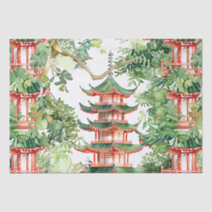 Papier Mousseline Aquarelle Pagode asiatique dans paysage verdoyant