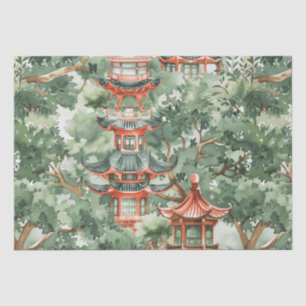 Papier Mousseline Aquarelle Pagode asiatique dans paysage verdoyant
