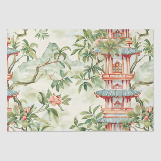 Papier Mousseline Aquarelle Pagode asiatique dans paysage verdoyant (Recto)