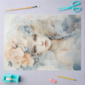 Papier Mousseline Aquarelle pastel vert pêche retro portrait femme (Artisanat)