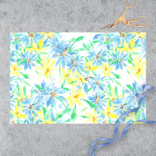 Papier Mousseline Aquarelle peinte à la main Fleurs bleu jaune