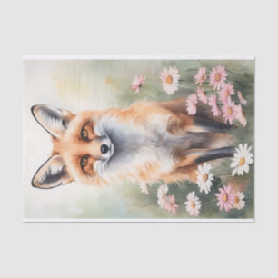 Papier Mousseline Aquarelle Peinture Fox avec Fleurs marguerites