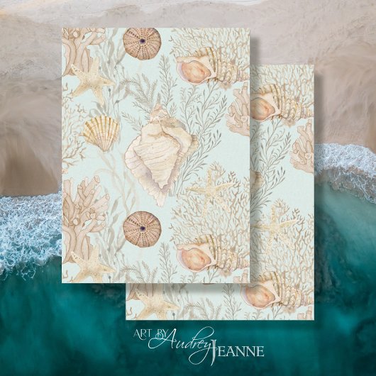Papier Mousseline Aquarelle Plage Corail de mer Starfish Shell Aqua