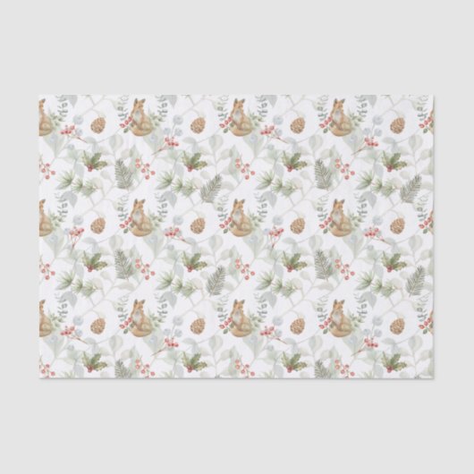 Papier Mousseline Aquarelle Renard de Noël, Branches de pins, Baies (Recto)