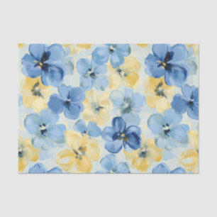 Papier Mousseline Aquarelle Ressort Floral Bleu Jaune Moderne Gras