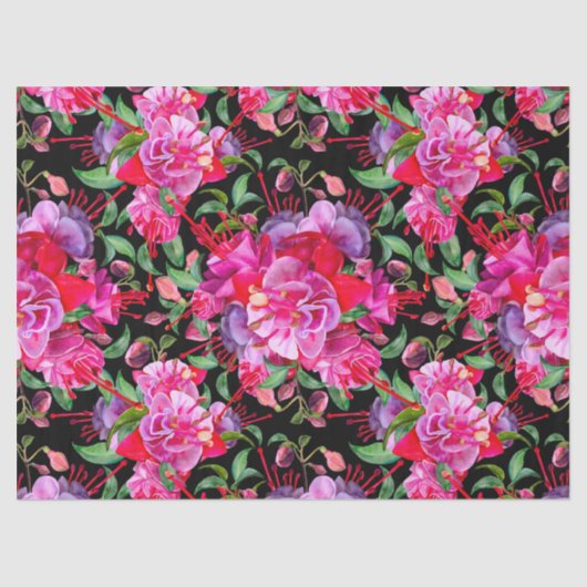 Papier Mousseline Aquarelle rose et noire Fuchsia Blooms (Recto)