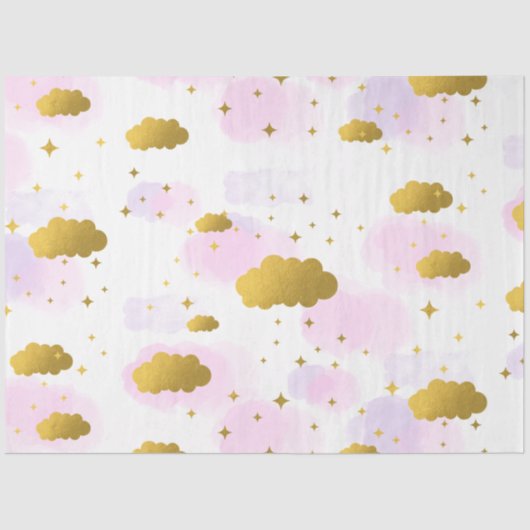 Papier Mousseline Aquarelle rose Nuages Gold Stars Sky (Recto)