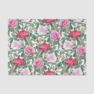 Papier Mousseline Aquarelle Rose & Rose Rouge Fleurs & Feuilles vert