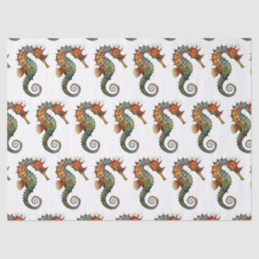 Papier Mousseline Aquarelle Seahorse Vert Orange Motif Découpage (Recto)